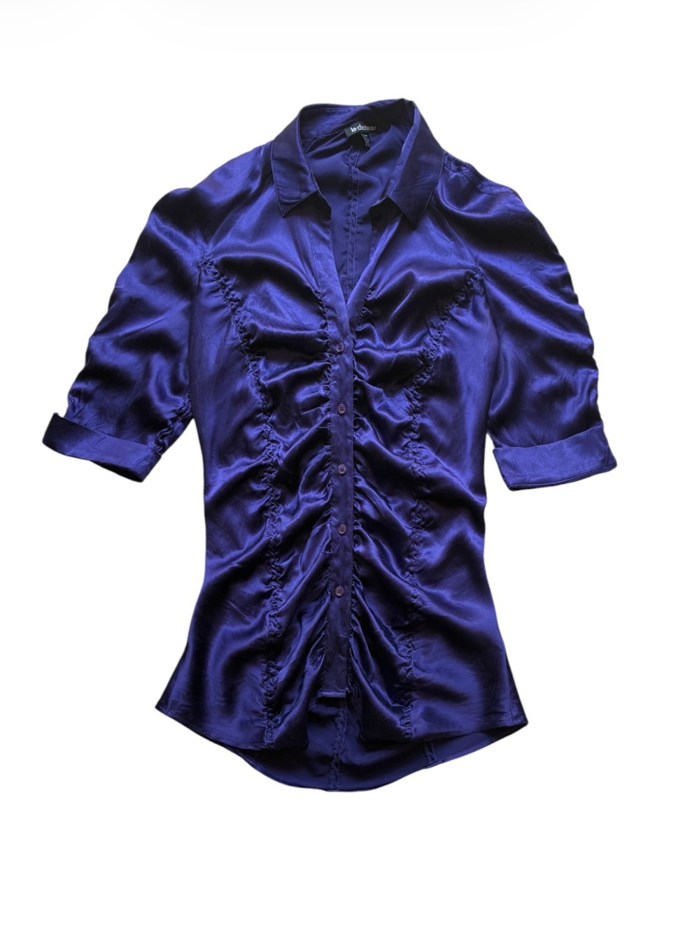 Le Chateau y2k Women's Purple Real Silk Ruched Button Down Blouse Size Small